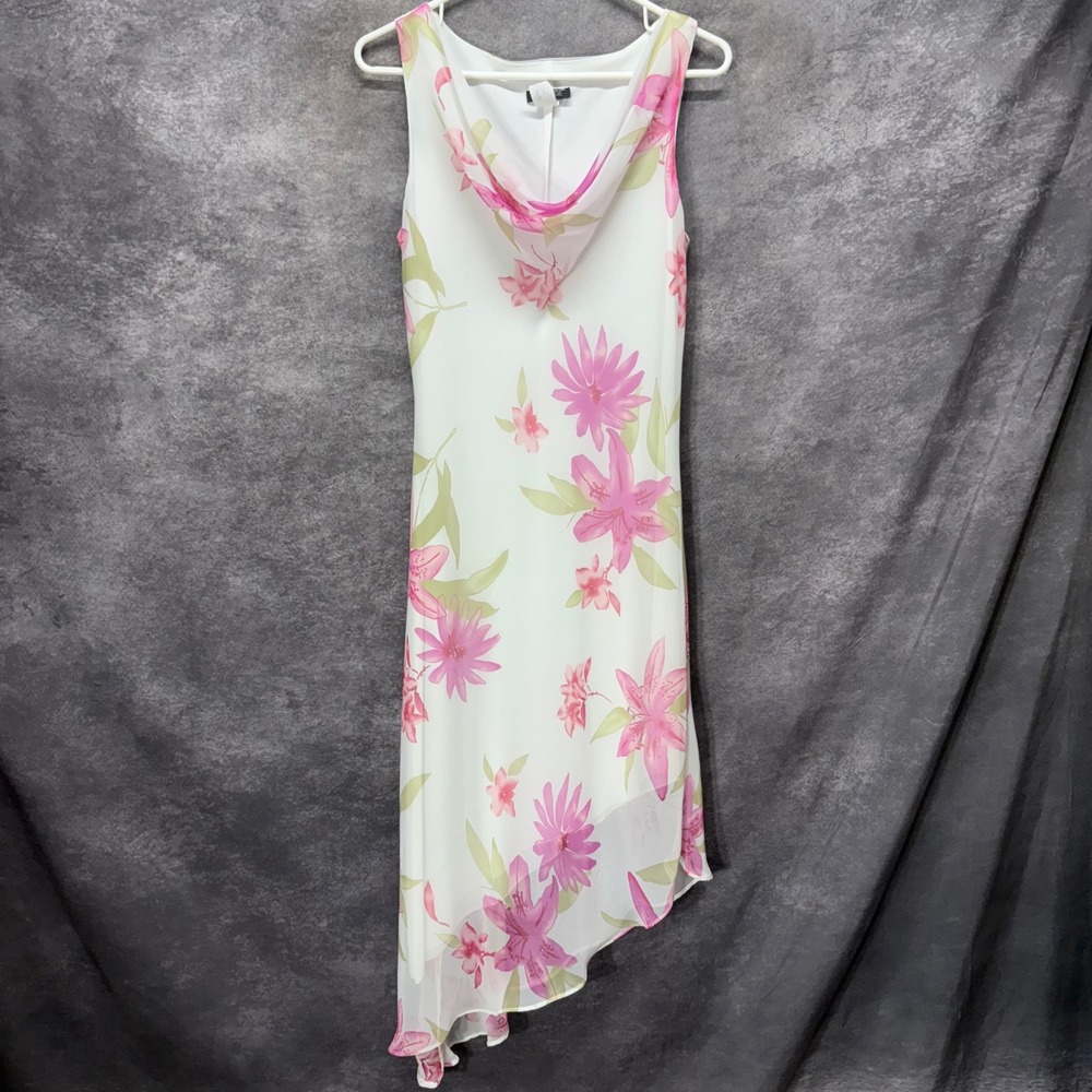 Y2K Alyn Paige Fairy Floral Cowl Neck Asymmetric Midi Dress Sz 11/12 Pink White
